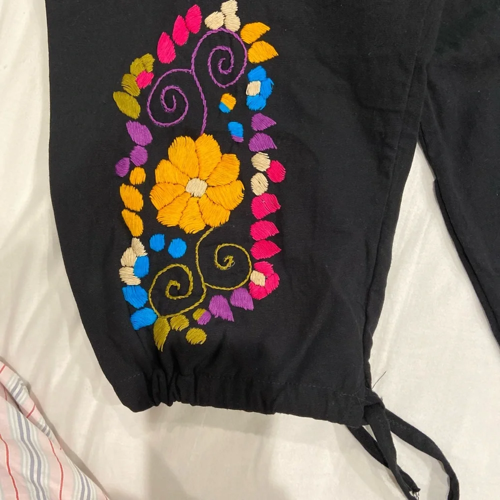 Black embroidered draw string pants. - Picture 4 of 4